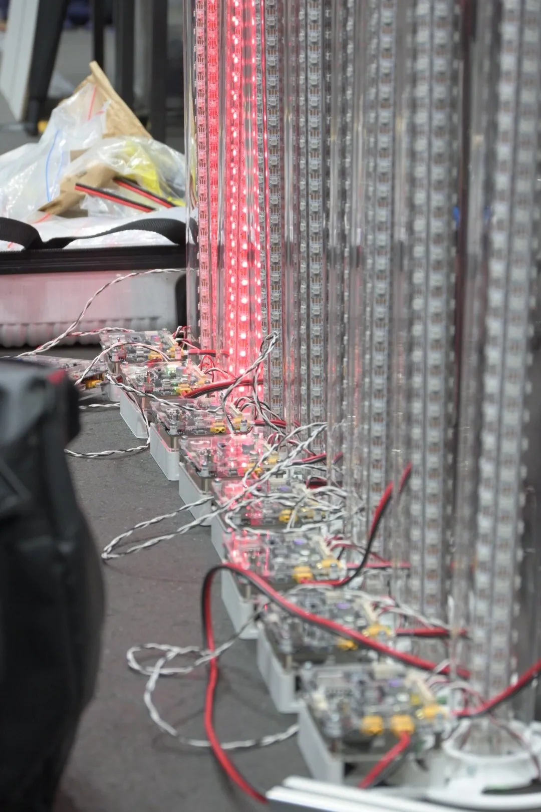 A close-up of the LED poles, control boards, and wiring at RoboCup Junior Japan Open 2024